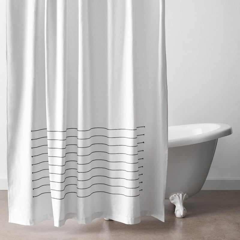 Modern White Shower Curtain with Navy Stripes, white