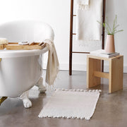 Bath mat in front of claw foot tub and ladder, ivory