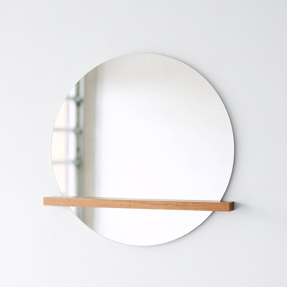 Circular Wall Mirror with Wood Shelf