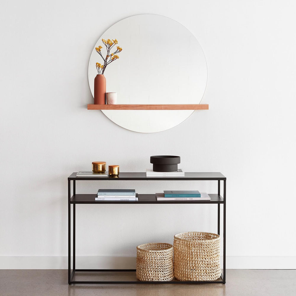 Large Circular Wall Mirror with Shelf above Console Table