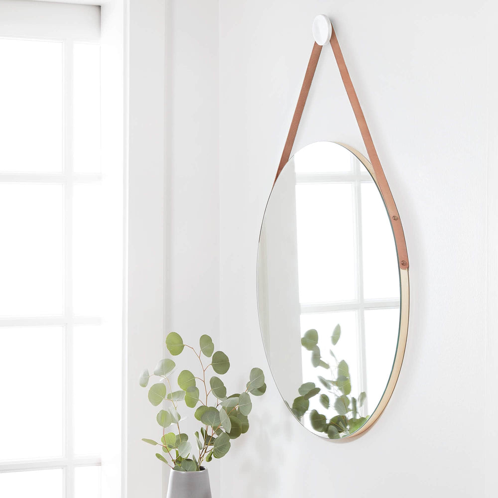 Circular mirror with leather strap