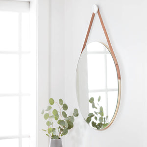 Circular mirror with leather strap, untinted