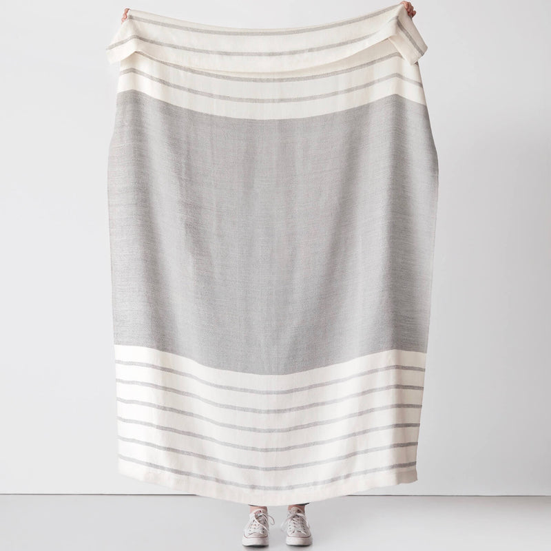 Grey and cream alpaca blanket with stripes, Grey-Cream