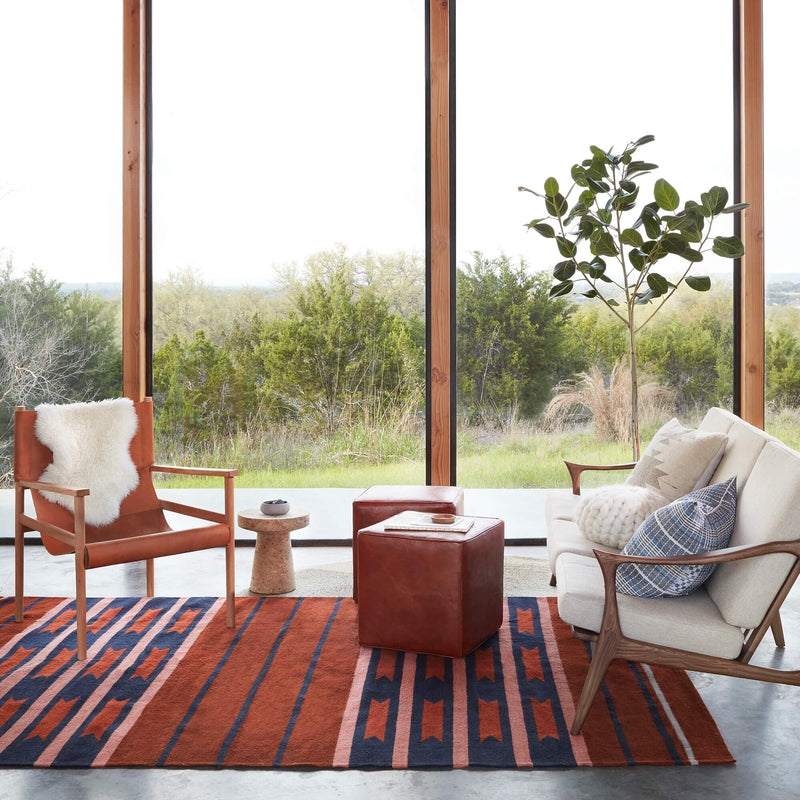 Southwest Pattern Area Rug styled in living room, rust