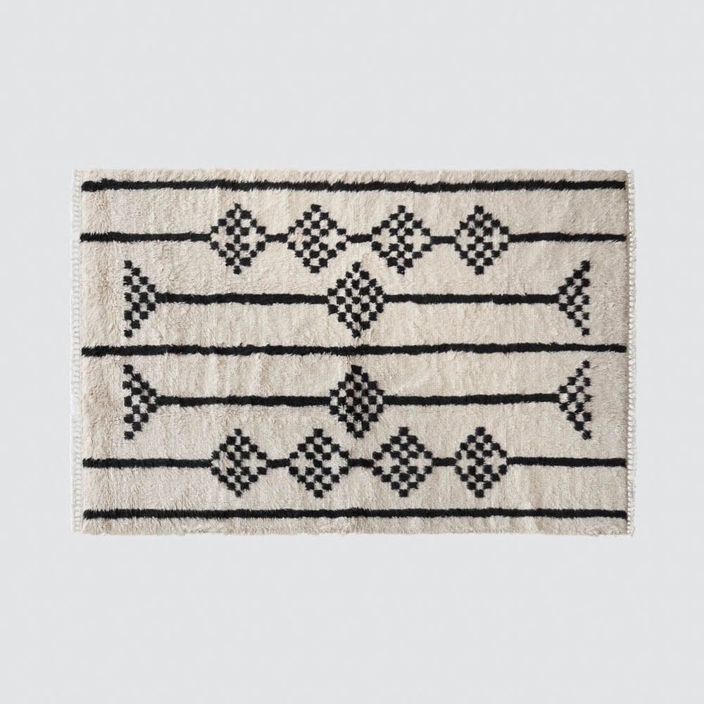 Handwoven Turkish Wool Rug in Black and Cream Diamond Pattern