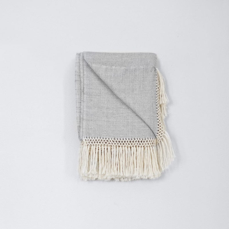 grey throw blanket with macrame fringe, dove-grey