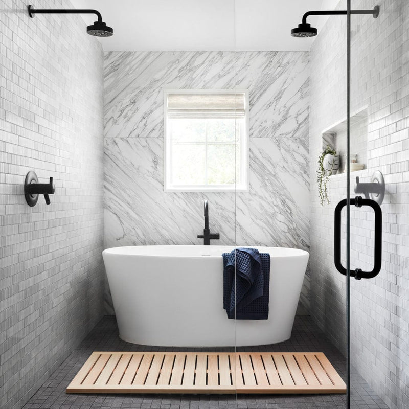 Hinoki Wood Bath Runner in Marble Bathroom with Navy Waffle Towels, natural