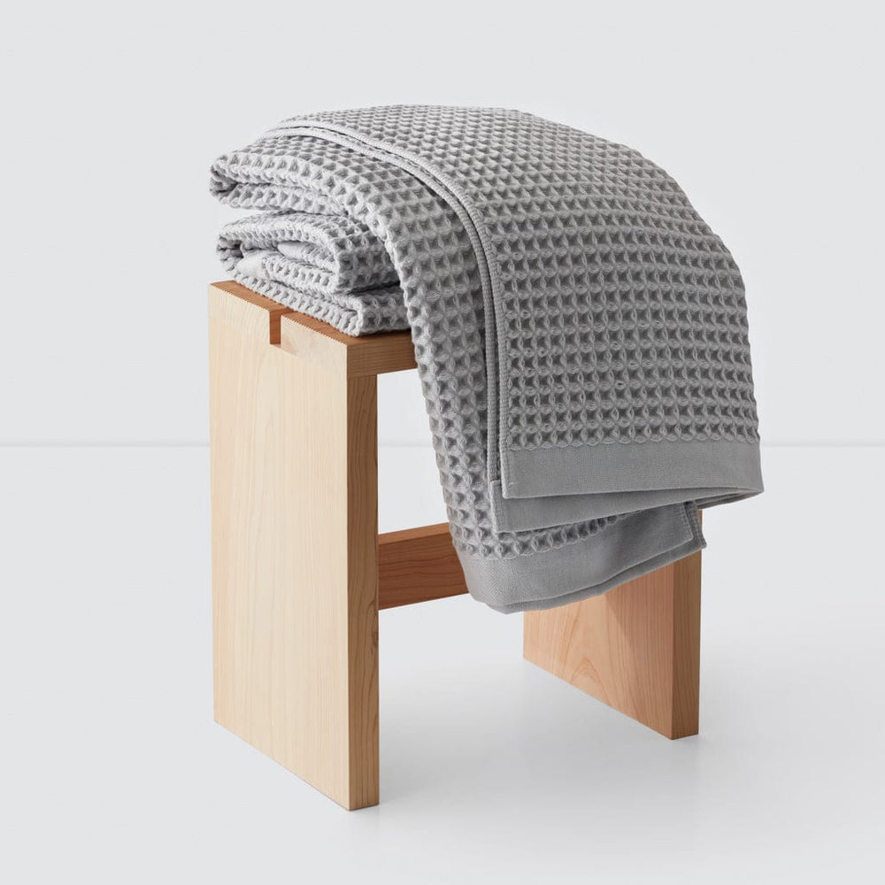 Solid Wood Bath Stool and Grey Waffle Towels at The Citizenry