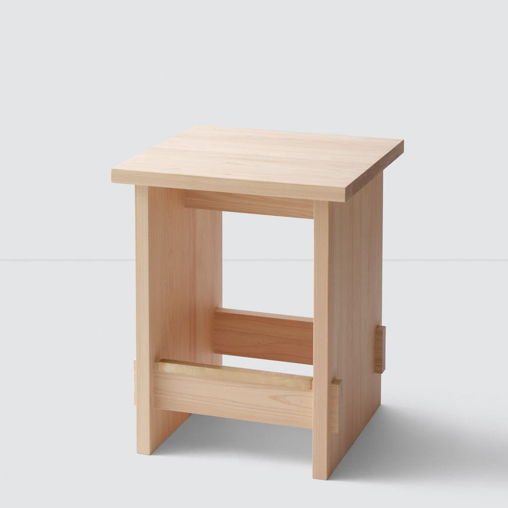 Angled view of hinoki counter stool showing joinery