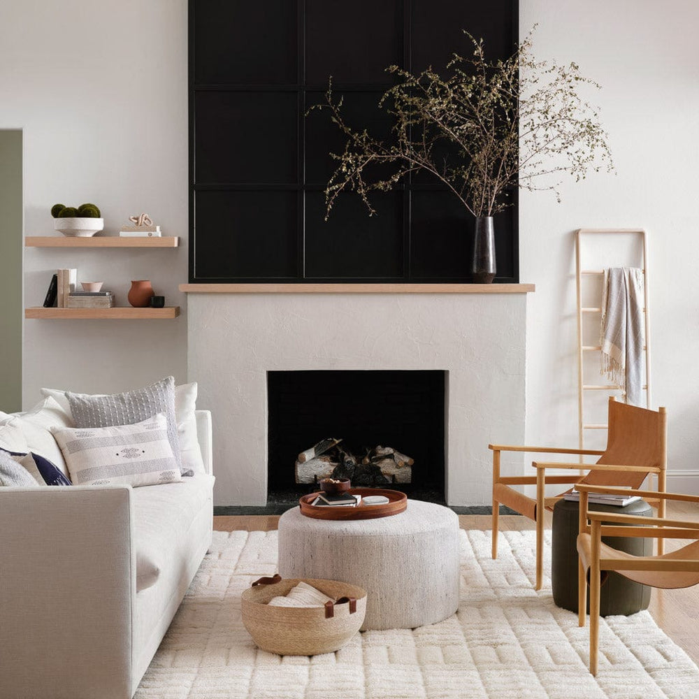 Hinoki ladder in corner of modern living room with fireplace