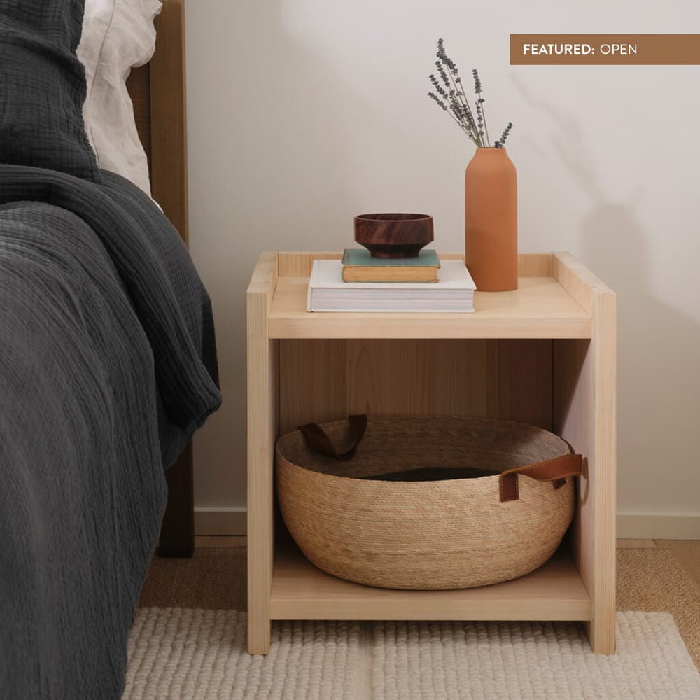 Hinoki wood nightstand with basket for additional storage