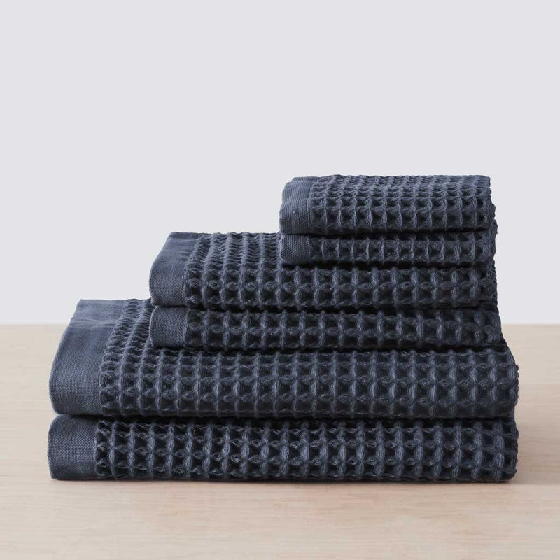 Stack of 6 waffle towels, indigo