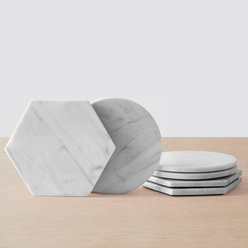 Set of 6 white marble coasters with grey veining,white-marble