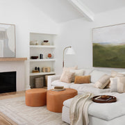 Modern living room. Tan leather ottomans and large white couch styled on patterned wool area rug, flax