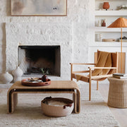 Ora wicker side table with wicker waterfall coffee table and leather sling chair, natural