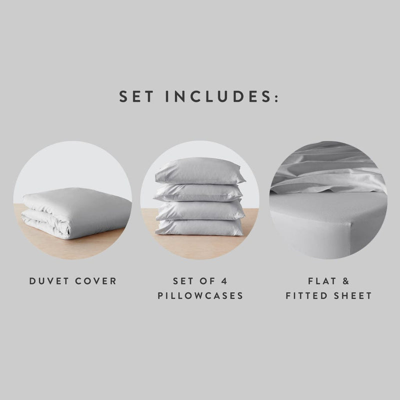 Set includes duvet cover with 4 pillowcases and sheet set, solid-light-grey