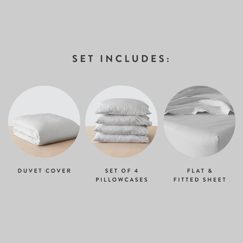 Set includes duvet cover with 4 pillowcases and sheet set, light-grey-stripe