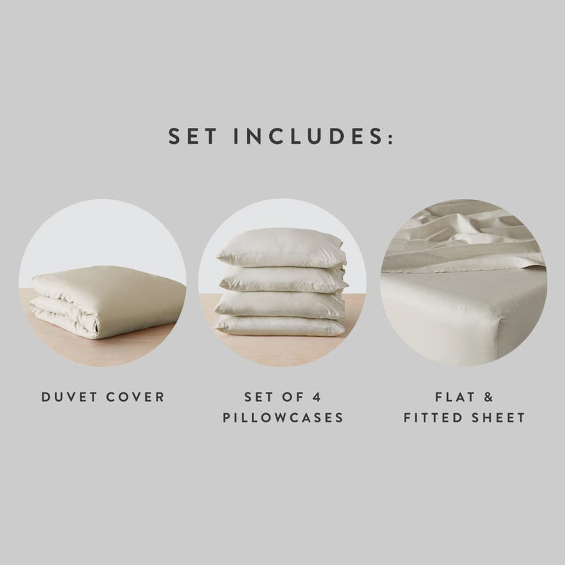 Set includes duvet cover with 4 pillowcases and sheet set, solid-sand