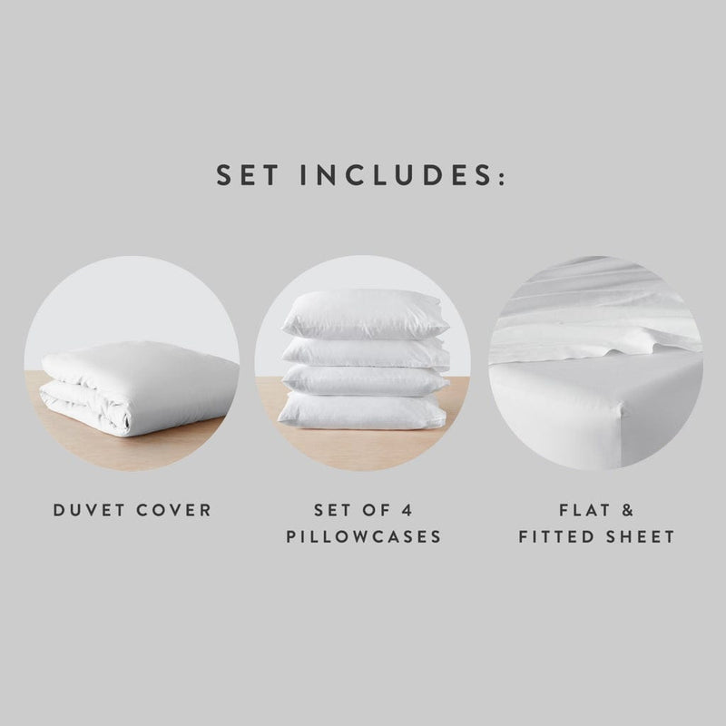 Set includes duvet cover with 4 pillowcases and sheet set, white
