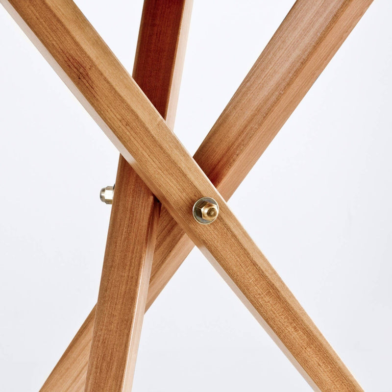 Close Up of Wood Base for Modern Leather Camp Stool , cognac