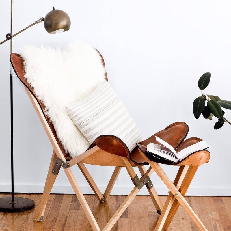 Handcrafted Chair and Stool in Leather and Wood, cognac
