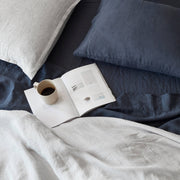 Striped and Navy Bedding Set Overhead, slate-blue