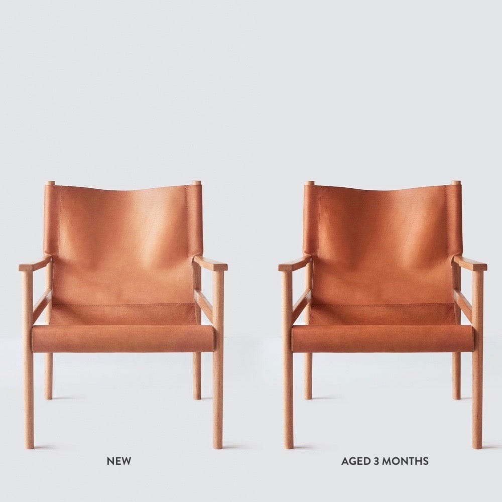 Two side by side chairs displaying leather aging color. New and Aged 3 months label. 