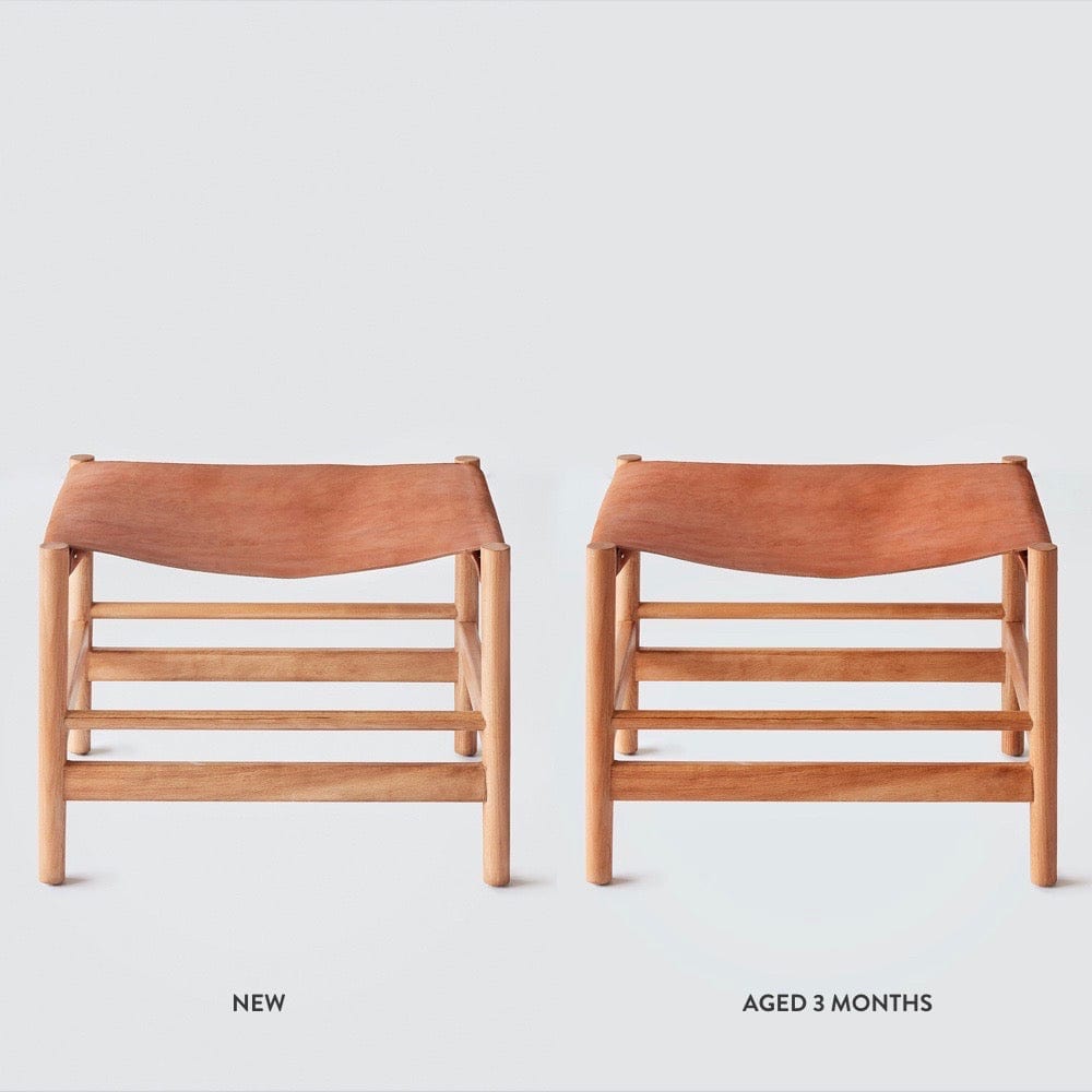 Two leather and wood stools side by side to show aging leather. New and aged 3 months labels