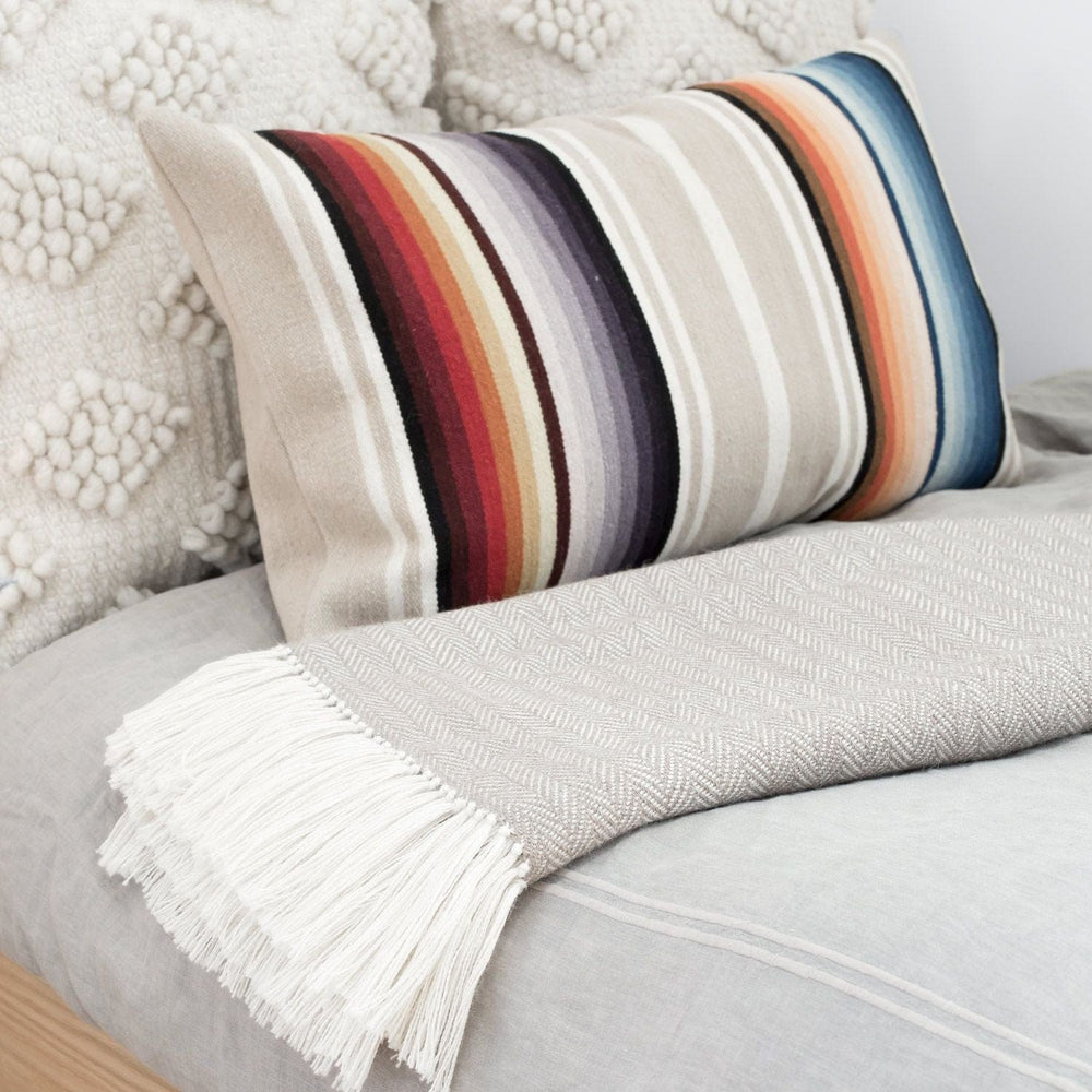 Colorful Lumbar Pillow on Couch with Alpaca Blanket