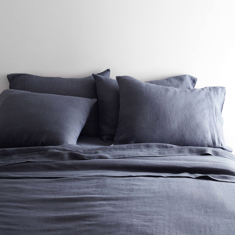 navy linen bedding set, slate-blue