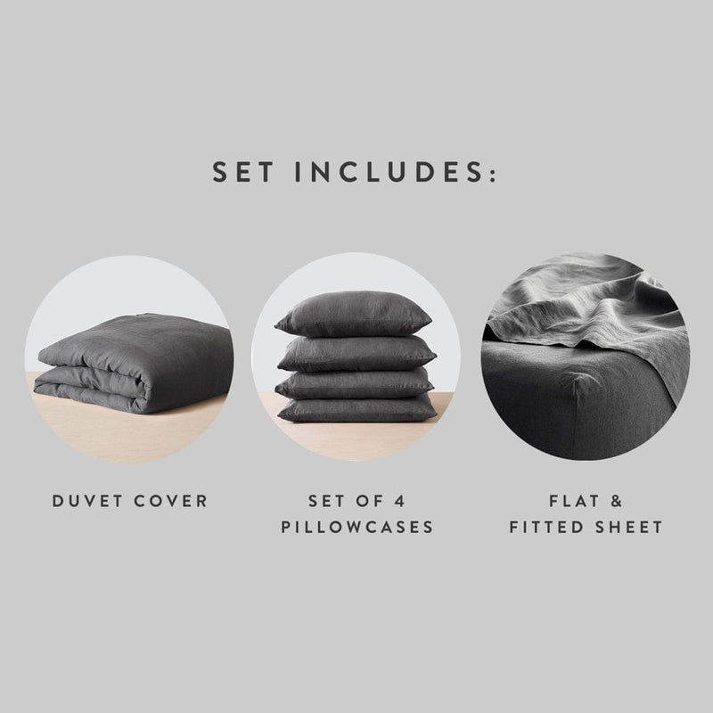 Set Includes Charcoal Duvet Cover with 4 Pillowcases and Sheet Set, charcoal
