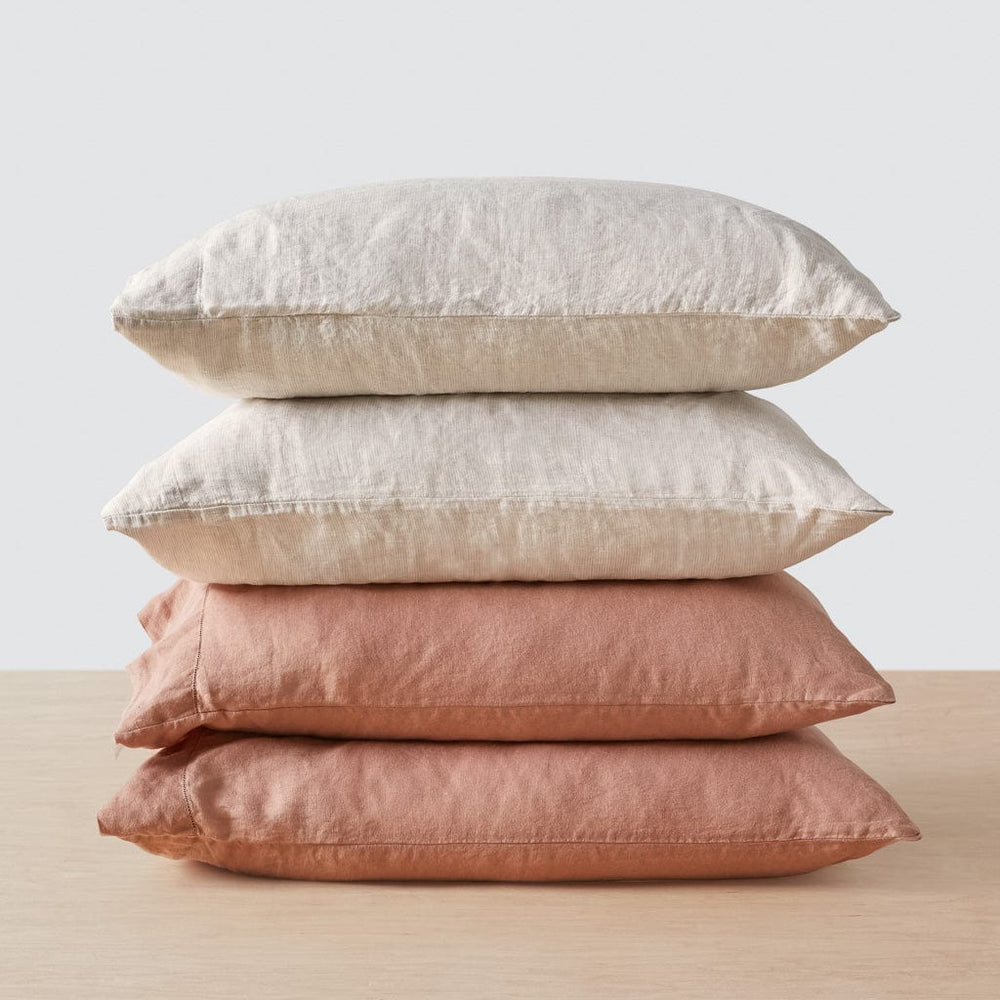 Stonewashed linen pillowcases in sand stripe and rose