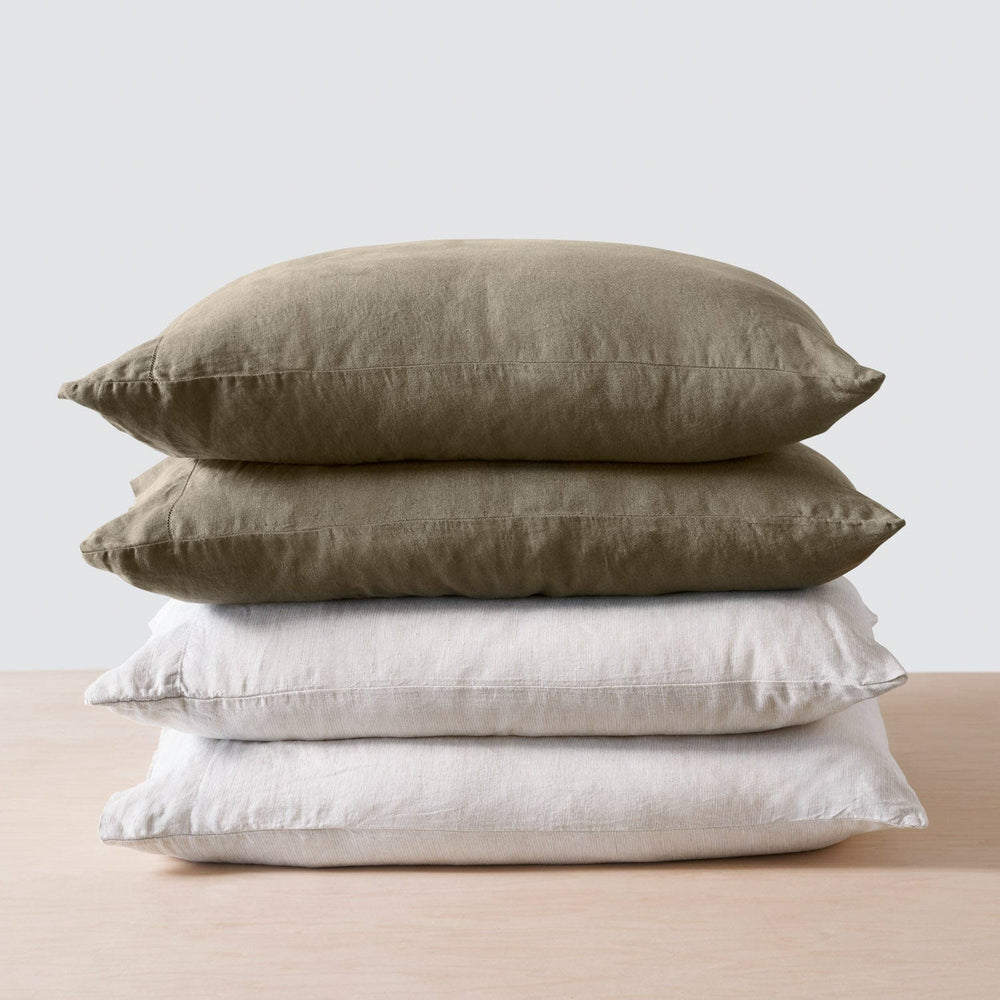 Stack of 4 Pillows with Olive and Tan Striped Linen Pillowcases