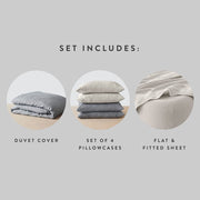 Set includes duvet cover with 4 pillowcases and sheet set