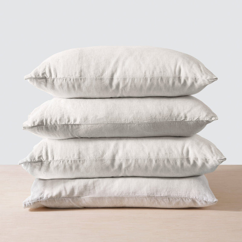 Stack of 4 Pillows with Tan Linen Pillowcases, sand-thin-stripe