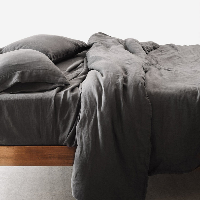 Side View of Charcoal Linen Bedding, charcoal