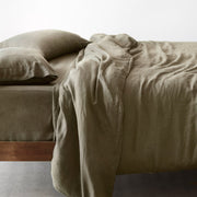 Side View of Olive Linen Bedding, olive