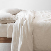 Side View of Soft Beige Linen Bedding, sand-thin-stripe