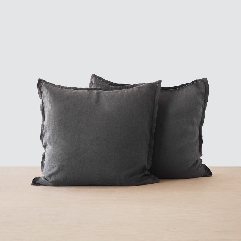 Two Charcoal Linen Euro Sham Pillowcases, charcoal