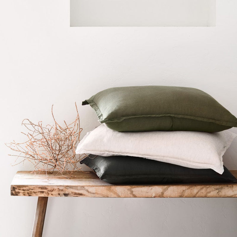 Stack of Linen Pillow Shams on Bench, sand-thin-stripe