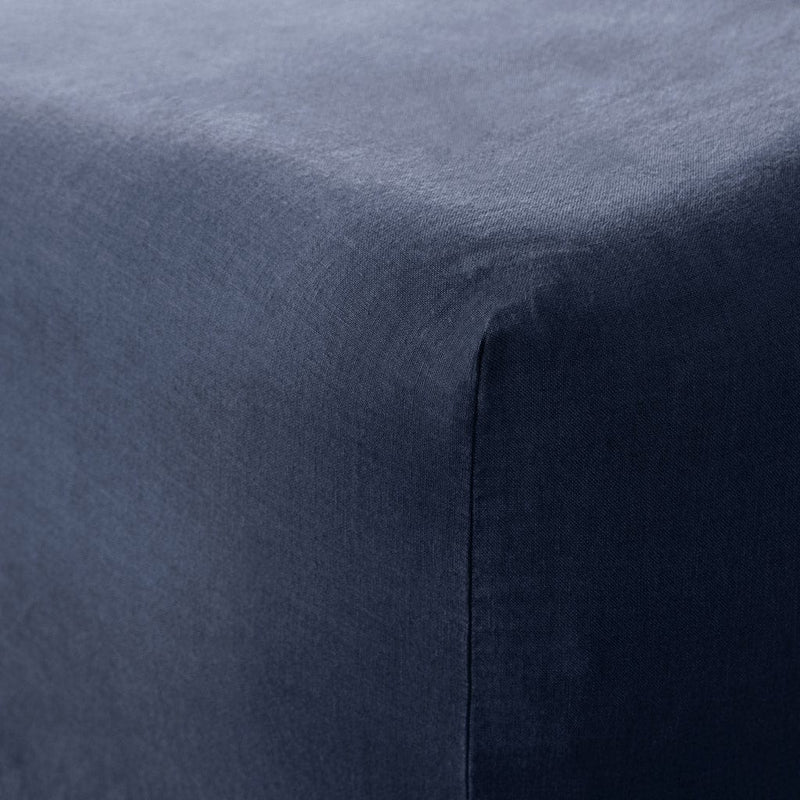 Detail of fitted sheet corner, slate-blue