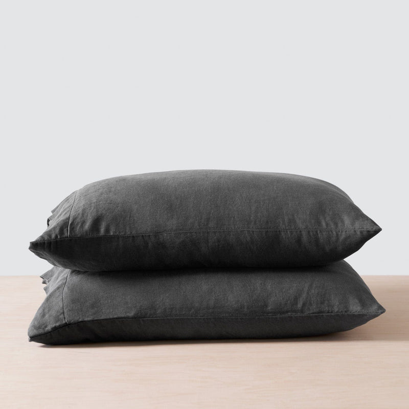 Stack of 2 Charcoal Stonewashed Linen Pillowcases, charcoal