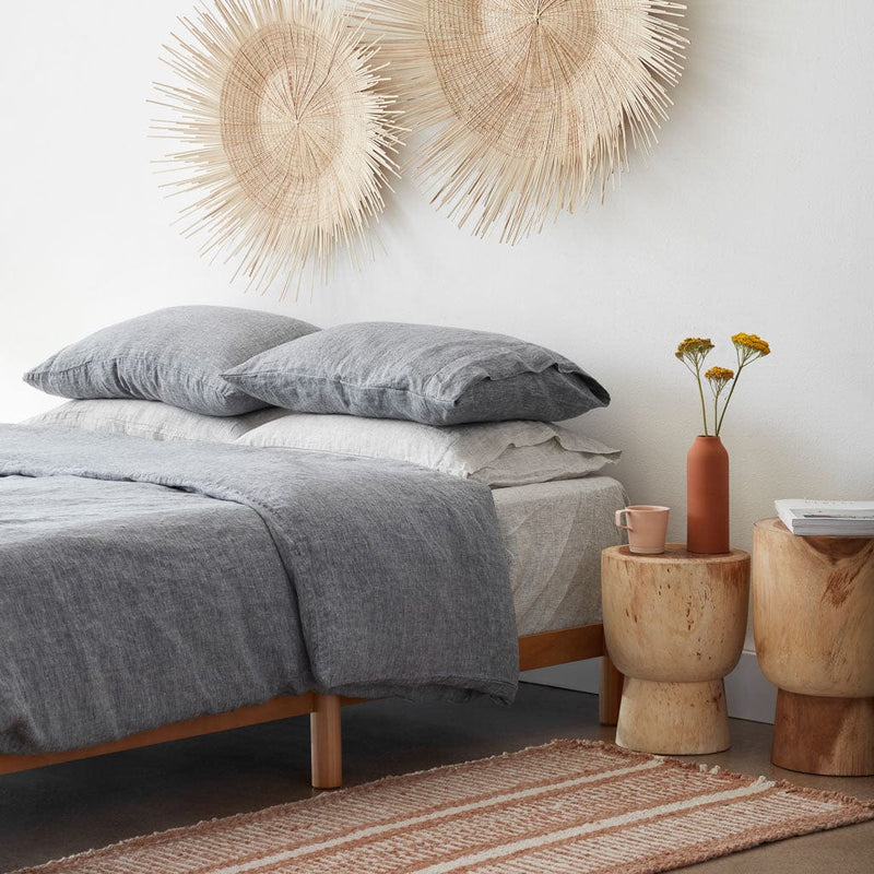 Linen Bed Set in indigo chambary and sand stripe in Bedroom, indigo-chambray