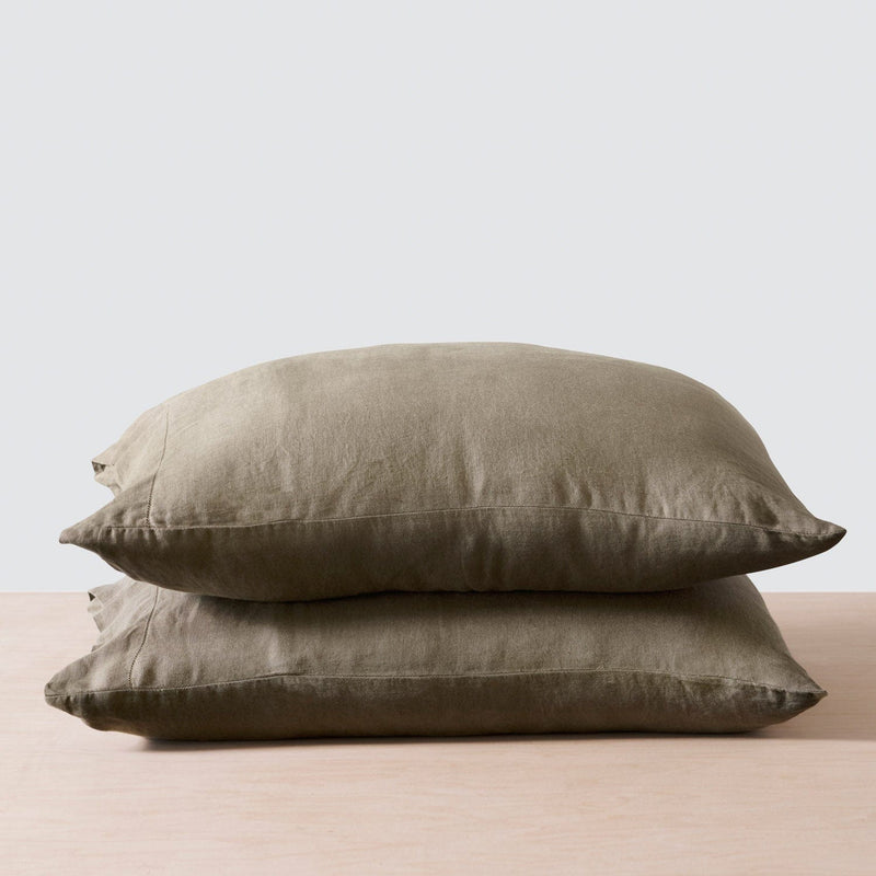 Stack of 2 Olive Stonewashed Linen Pillowcases, olive