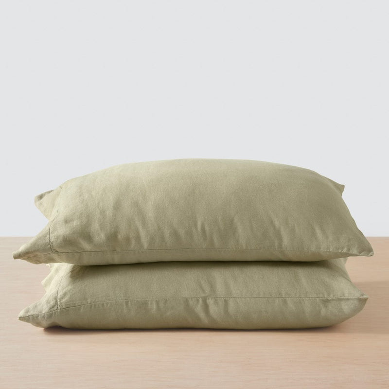 Stack of two linen sage green pillows, sage