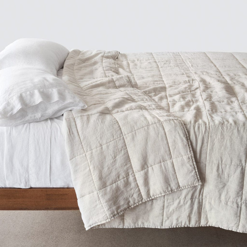 Side of bed with sand thin stripe stonewashed linen quilt, sand-thin-stripe