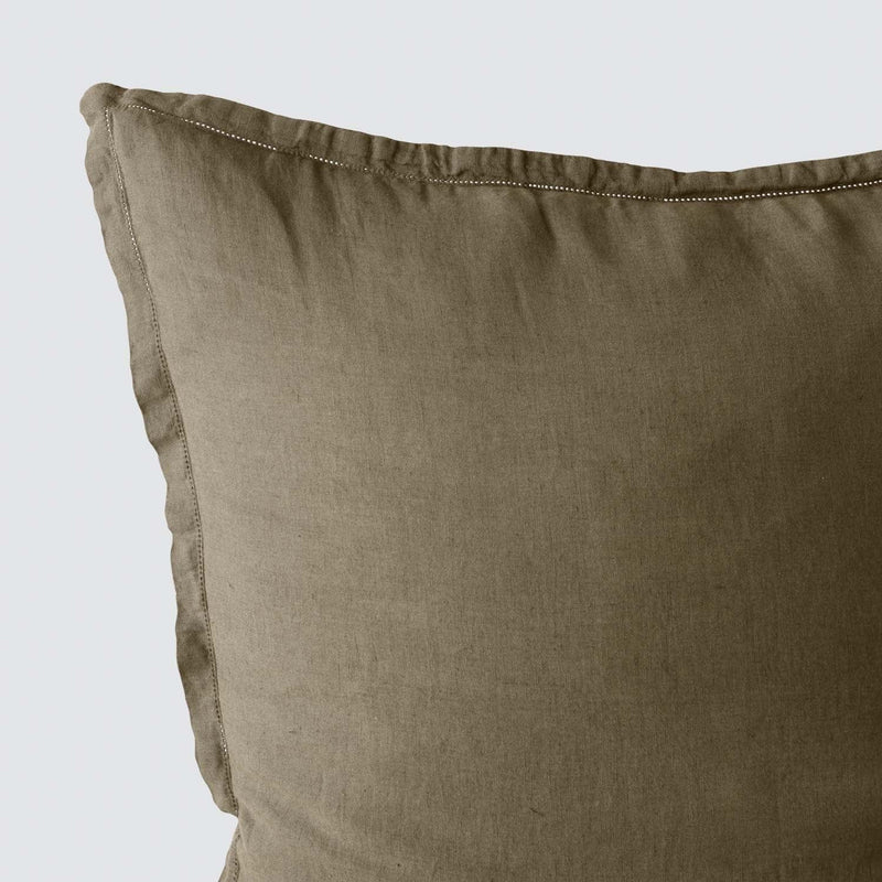 Close Up of Detail Stitching on Olive Green Linen Pillow Sham, olive