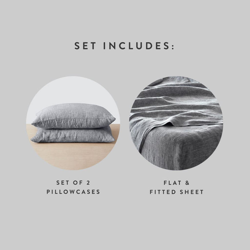 Set includes 2 linen pillowcases with flat and fitted linen sheets, indigo-chambray