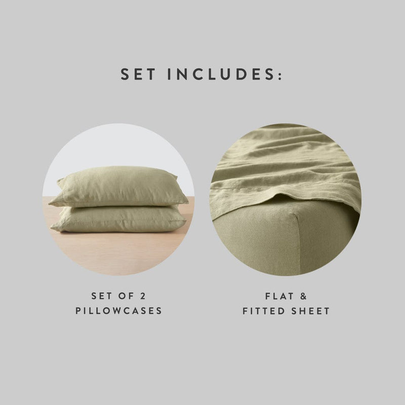 Set includes set of 2 pillowcases with flat and fitted sheet, sage