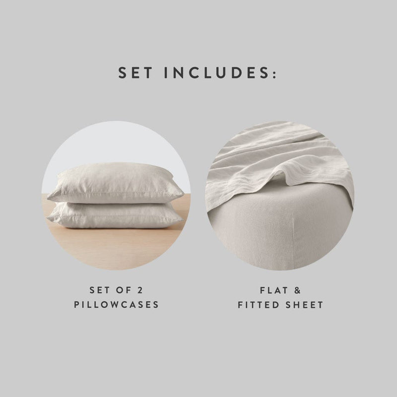 Set includes 2 linen pillowcases with flat and fitted linen sheets, solid-sand